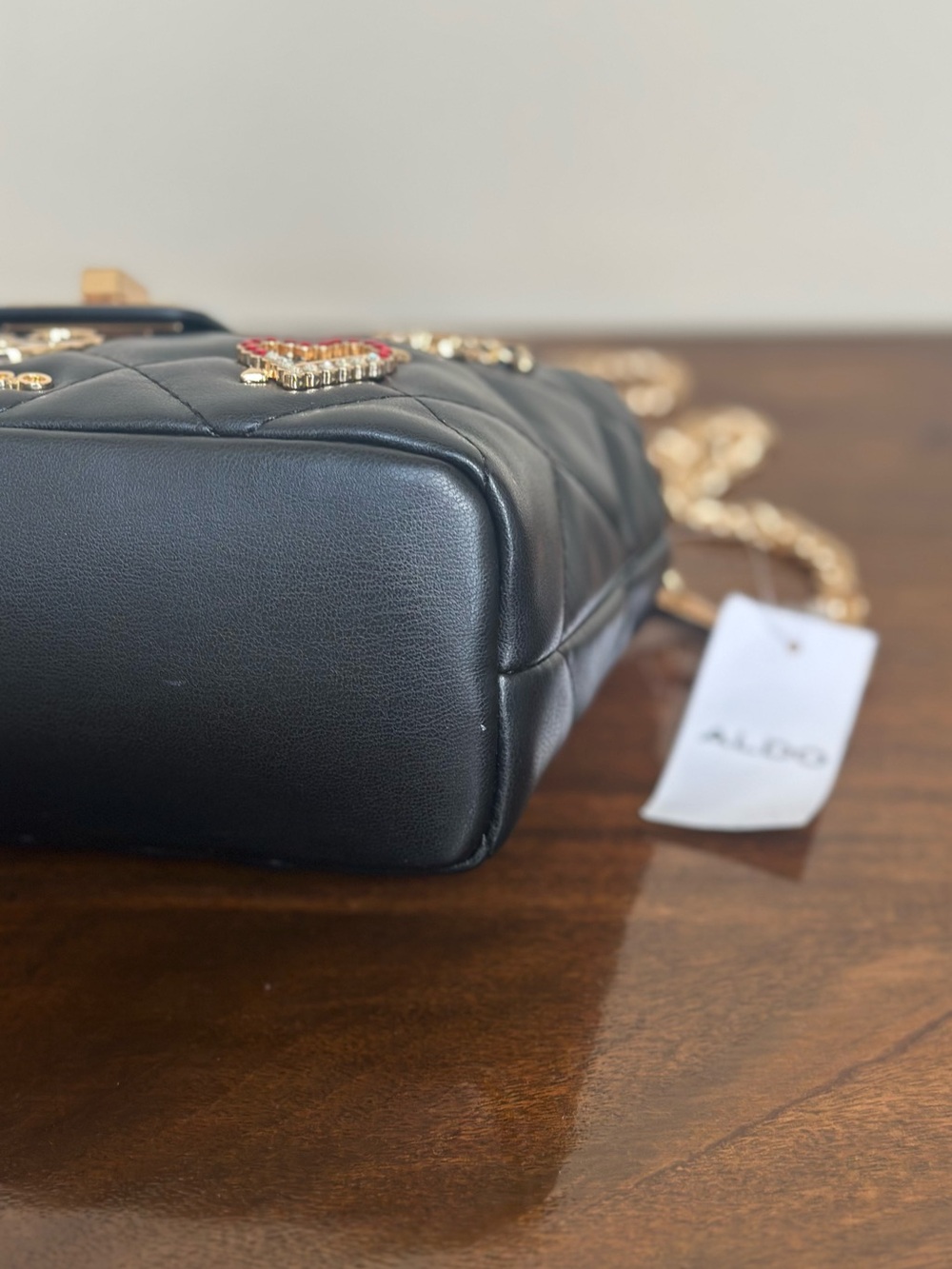 NWT - Aldo Black Quilted Crossbody with Gold Chain and Decorative Pins - Picture 10 of 11